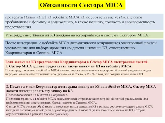 Обязанности Сектора MICA проверять заявки на КЗ на вебсайте MICA на их