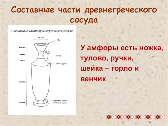 У амфоры есть ножка, тулово, ручки, шейка – горло и венчик Составные части древнегреческого сосуда