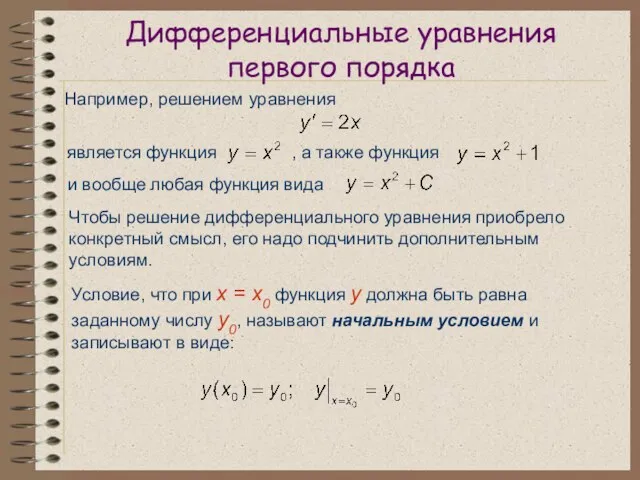 Дифференциальные уравнения первого порядка Например, решением уравнения является функция и вообще любая