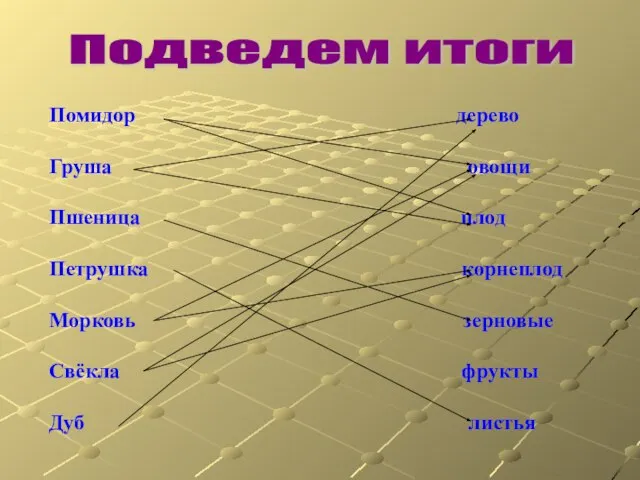 Подведем итоги Помидор дерево Груша овощи Пшеница плод Петрушка корнеплод Морковь зерновые Свёкла фрукты Дуб листья