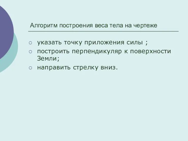 Алгоритм построения веса тела на чертеже указать точку приложения силы ; построить