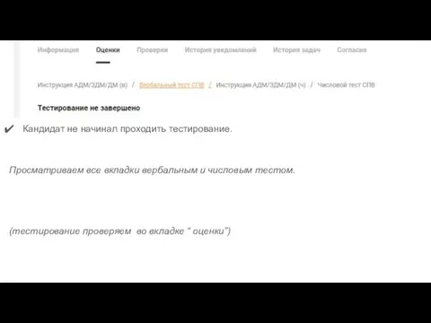 Кандидат не начинал проходить тестирование. Просматриваем все вкладки вербальным и числовым тестом.