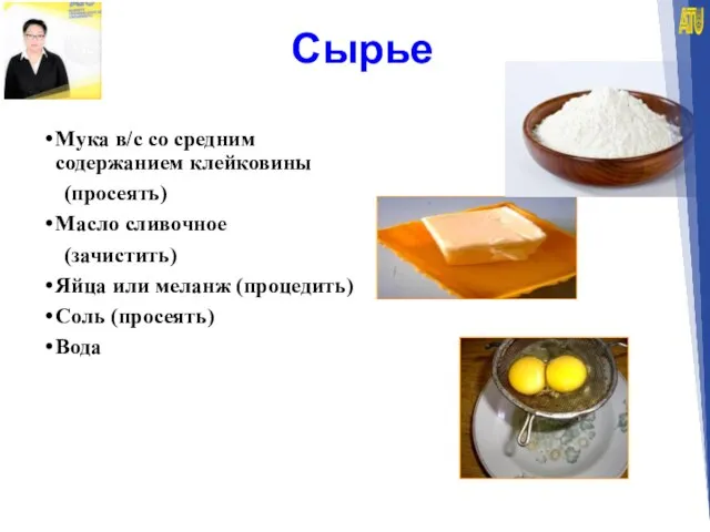 Сырье Мука в/с со средним содержанием клейковины (просеять) Масло сливочное (зачистить) Яйца