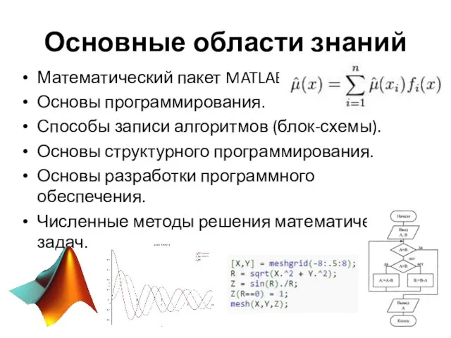 Основные области знаний Математический пакет MATLAB. Основы программирования. Способы записи алгоритмов (блок-схемы).