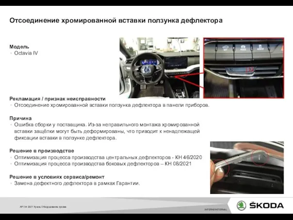 Модель Octavia IV Рекламация / признак неисправности Отсоединение хромированной вставки ползунка дефлектора