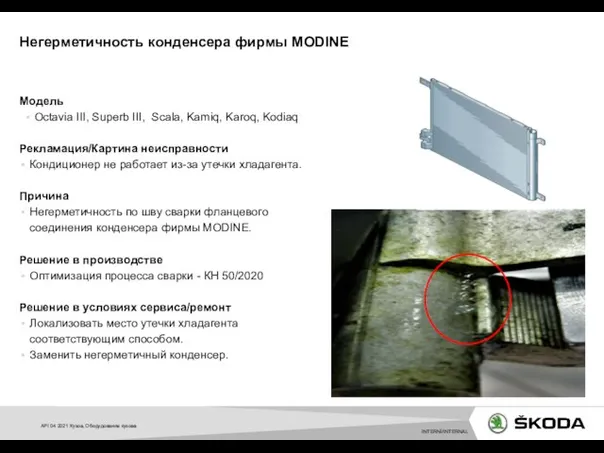 Модель Octavia III, Superb III, Scala, Kamiq, Karoq, Kodiaq Рекламация/Картина неисправности Кондиционер