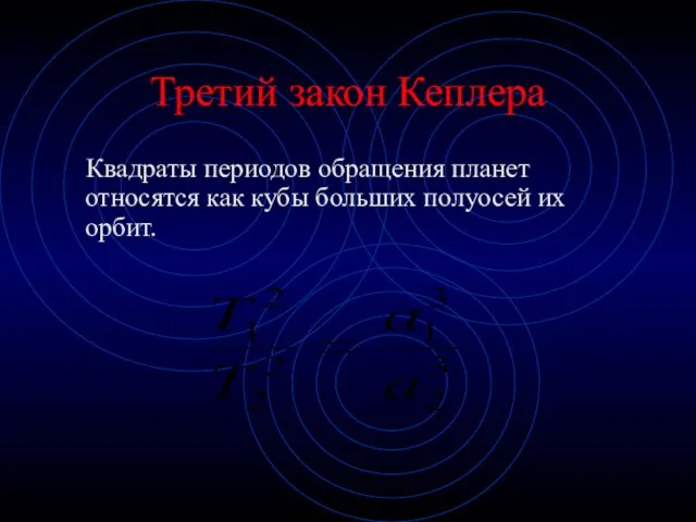 Третий закон Кеплера Квадраты периодов обращения планет относятся как кубы больших полуосей их орбит.