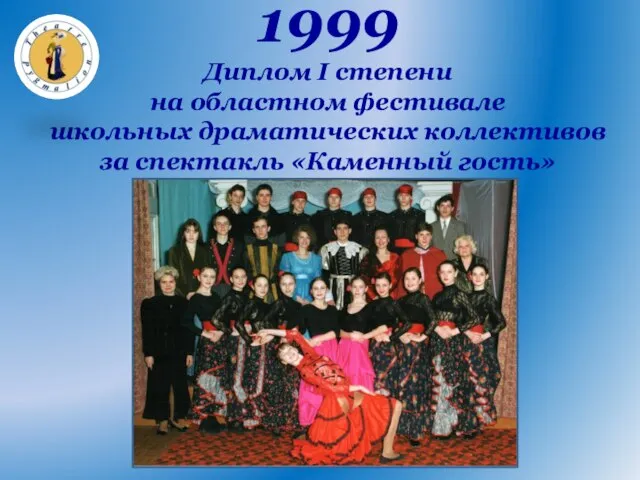 1999 Диплом I степени на областном фестивале школьных драматических коллективов за спектакль «Каменный гость»