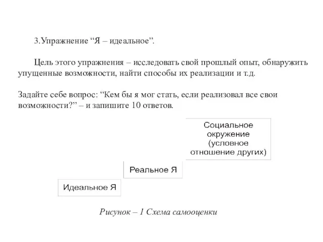 3.Упражнение “Я – идеальное”. Цель этого упражнения – исследовать свой прошлый опыт,