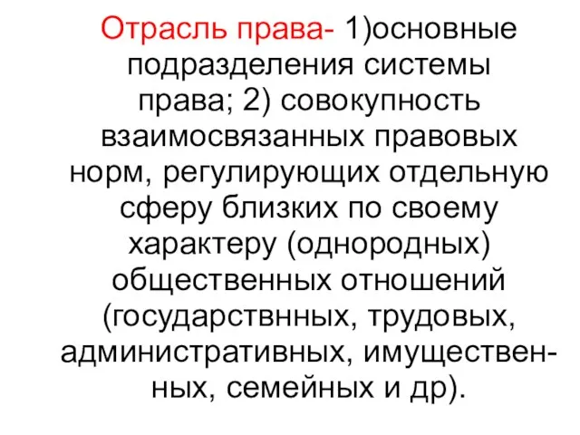 Отрасль права- 1)основные подразделения системы права; 2) совокупность взаимосвязанных правовых норм, регулирующих