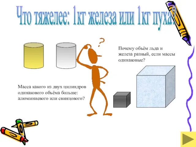 Что тяжелее: 1кг железа или 1кг пуха? Масса какого из двух цилиндров