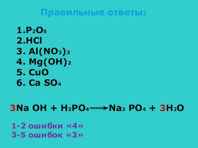 Правильные ответы: 1.P2O5 2.HCl 3. Al(NO3)3 4. Mg(OH)2 5. CuO 6. Ca