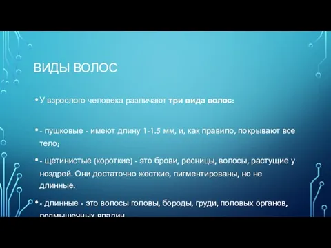 ВИДЫ ВОЛОС У взрослого человека различают три вида волос: - пушковые -