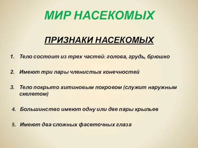 МИР НАСЕКОМЫХ ПРИЗНАКИ НАСЕКОМЫХ Тело состоит из трех частей: голова, грудь, брюшко