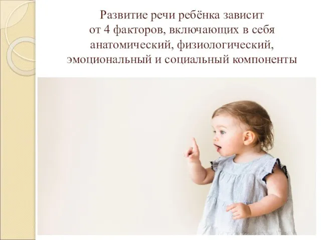 Развитие речи ребёнка зависит от 4 факторов, включающих в себя анатомический, физиологический, эмоциональный и социальный компоненты