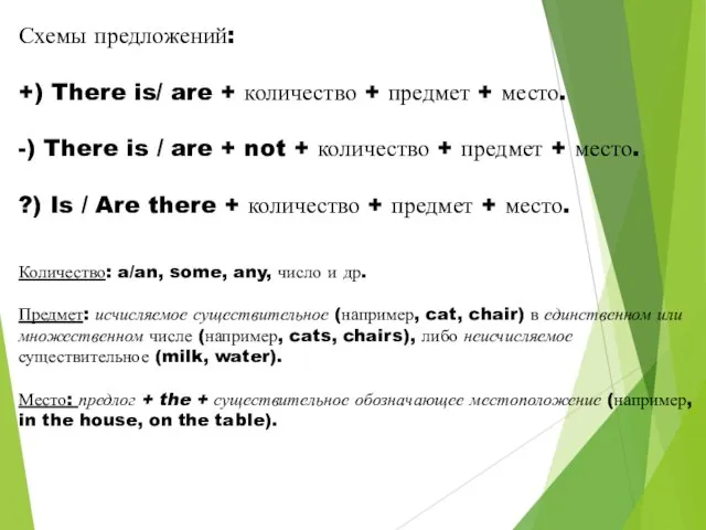 Схемы предложений: +) There is/ are + количество + предмет + место.