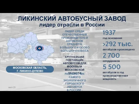 ЛИКИНСКИЙ АВТОБУСНЫЙ ЗАВОД – лидер отрасли в России май 20 www.bus.ru МОСКОВСКАЯ