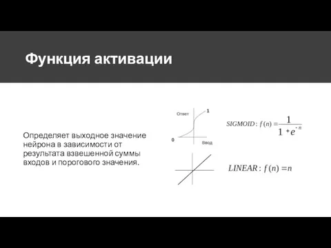 Функция активации Определяет выходное значение нейрона в зависимости от результата взвешенной суммы входов и порогового значения.