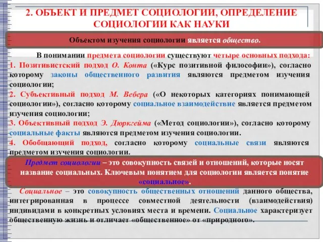 2. ОБЪЕКТ И ПРЕДМЕТ СОЦИОЛОГИИ, ОПРЕДЕЛЕНИЕ СОЦИОЛОГИИ КАК НАУКИ В понимании предмета