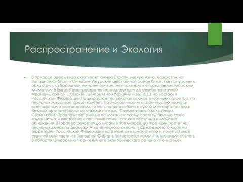 Распространение и Экология В природе ареал вида охватывает южную Европу, Малую Азию,