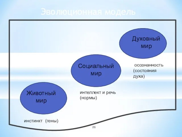 инстинкт (гены) Эволюционная модель Животный мир Социальный мир Духовный мир инстинкт (гены)