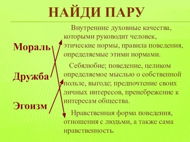 НАЙДИ ПАРУ Мораль Дружба Эгоизм Внутренние духовные качества, которыми руководит человек, этические