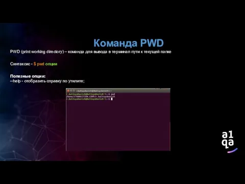 Команда PWD PWD (print working directory) – команда для вывода в терминал