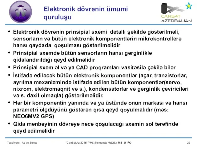 Təqdimatçı: Ad və Soyad “CanSat Az 2018” YHS: Komanda №2253 MS_U_FO Elektronik