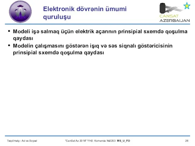 Təqdimatçı: Ad və Soyad “CanSat Az 2018” YHS: Komanda №2253 MS_U_FO Elektronik