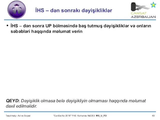 Təqdimatçı: Ad və Soyad “CanSat Az 2018” YHS: Komanda №2253 MS_U_FO İHS