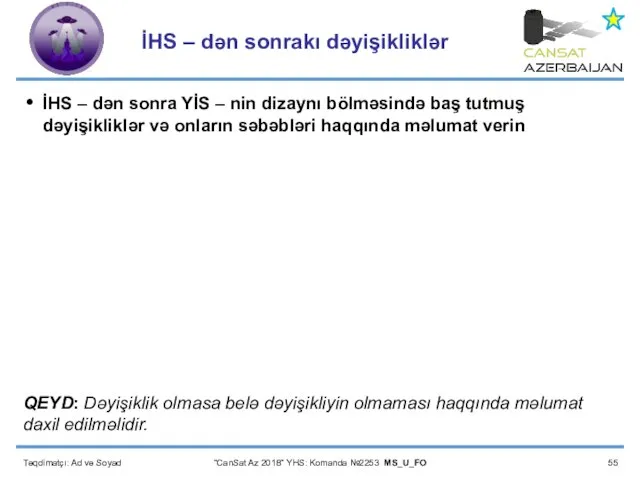 Təqdimatçı: Ad və Soyad “CanSat Az 2018” YHS: Komanda №2253 MS_U_FO İHS