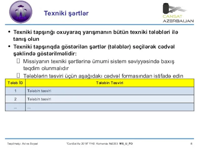 Təqdimatçı: Ad və Soyad “CanSat Az 2018” YHS: Komanda №2253 MS_U_FO Texniki