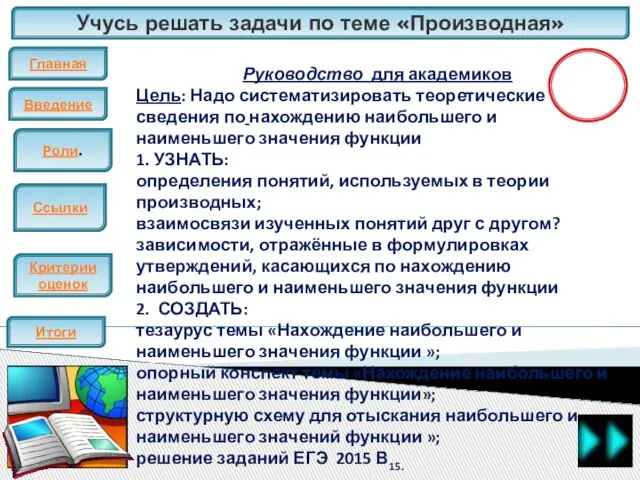 Учусь решать задачи по теме «Производная» Главная Введение ЕГЭ Итоги Критерии оценок