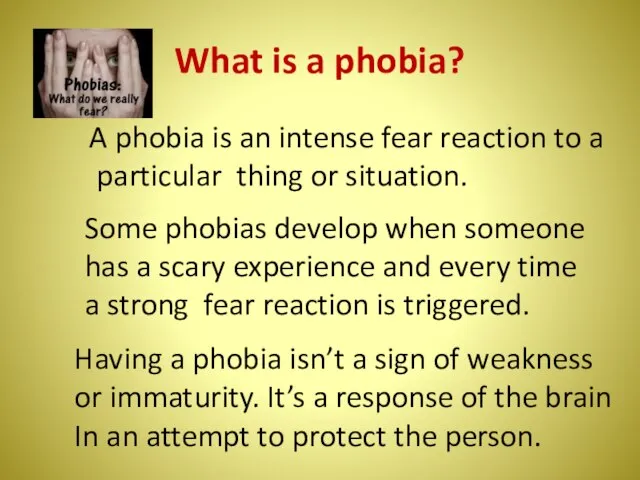 What is a phobia? A phobia is an intense fear reaction to