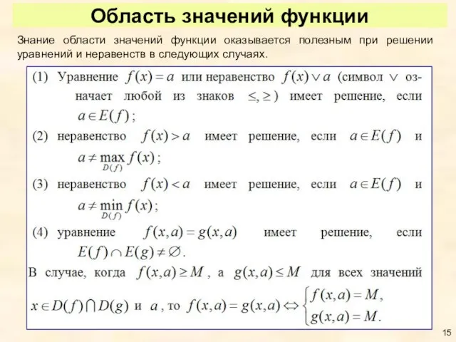 Область значений функции Знание области значений функции оказывается полезным при решении уравнений