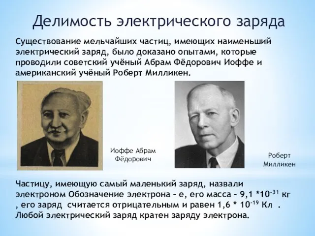 Делимость электрического заряда Существование мельчайших частиц, имеющих наименьший электрический заряд, было доказано