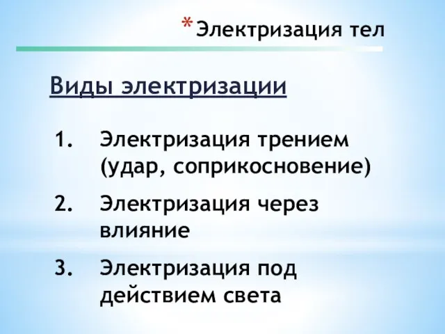 Виды электризации Электризация трением (удар, соприкосновение) Электризация через влияние Электризация под действием света Электризация тел