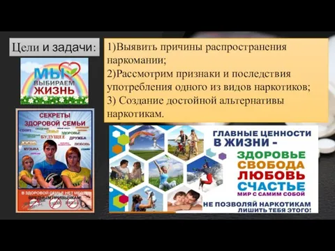 Цели и задачи: 1)Выявить причины распространения наркомании; 2)Рассмотрим признаки и последствия употребления