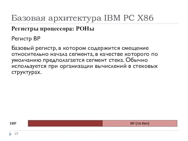 Базовая архитектура IBM PC Х86 Регистры процессора: РОНы Регистр BP Базовый регистр,