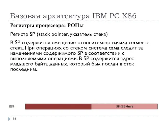 Базовая архитектура IBM PC Х86 Регистры процессора: РОНы Регистр SP (stack pointer,
