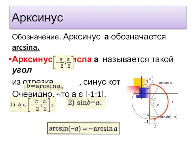 Арксинус Обозначение. Арксинус а обозначается arcsina. Арксинусом числа а называется такой угол