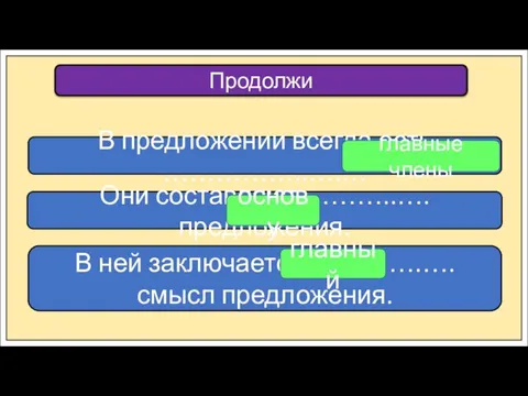 Продолжи В предложении всегда есть ……………..….… Они составляют ………..…. предложения. В ней