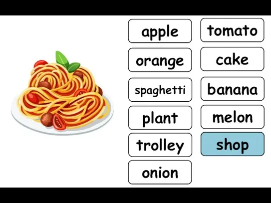 apple tomato orange cake spaghetti banana plant melon trolley shop onion