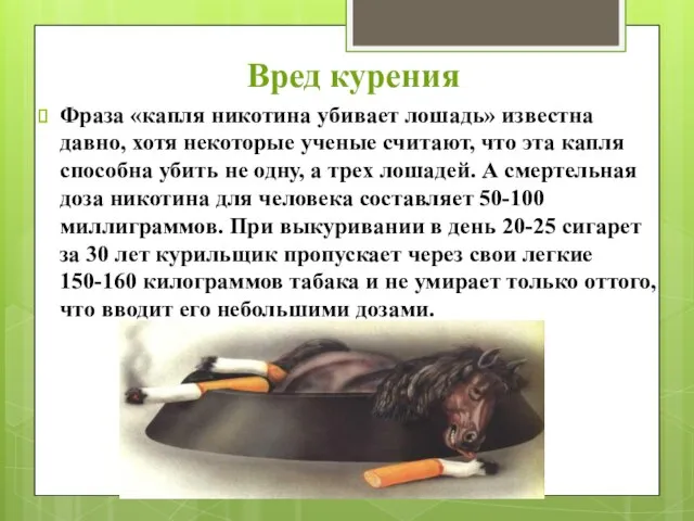 Вред курения Фраза «капля никотина убивает лошадь» известна давно, хотя некоторые ученые