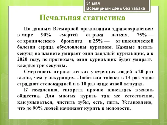 Печальная статистика По данным Всемирной организации здравоохранения: в мире 90% смертей от