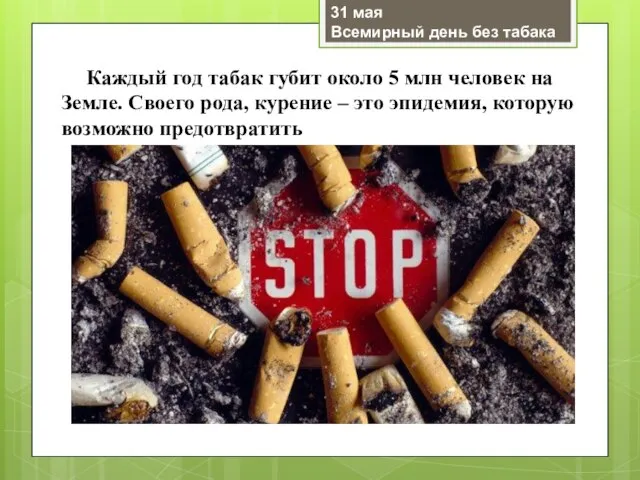 Каждый год табак губит около 5 млн человек на Земле. Своего рода,