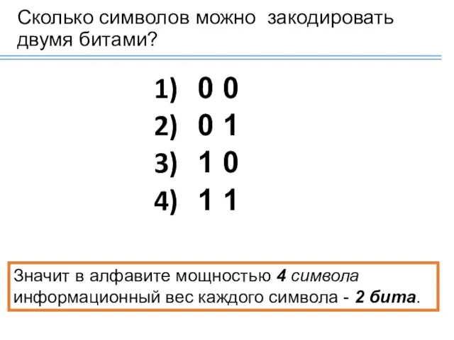 Сколько символов можно закодировать двумя битами? 0 0 0 1 1 0