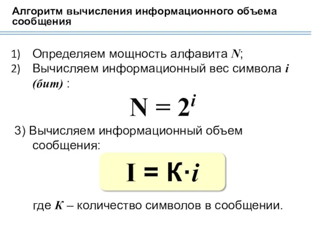 Алгоритм вычисления информационного объема сообщения Определяем мощность алфавита N; Вычисляем информационный вес