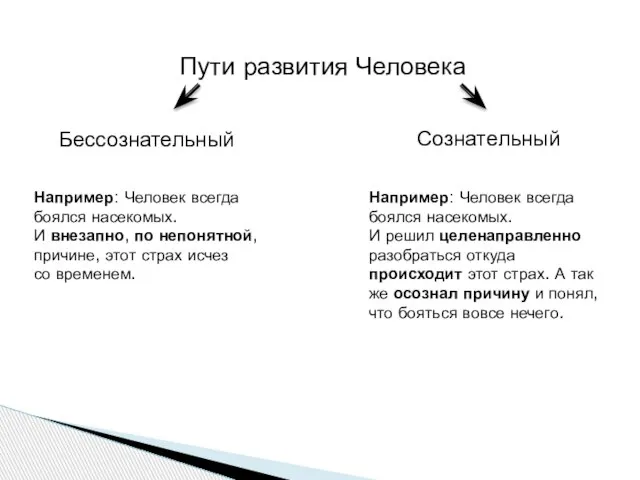 Пути развития Человека Бессознательный Сознательный Например: Человек всегда боялся насекомых. И внезапно,