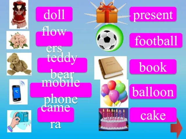 doll flowers teddy bear mobile phone camera present football book balloon cake
